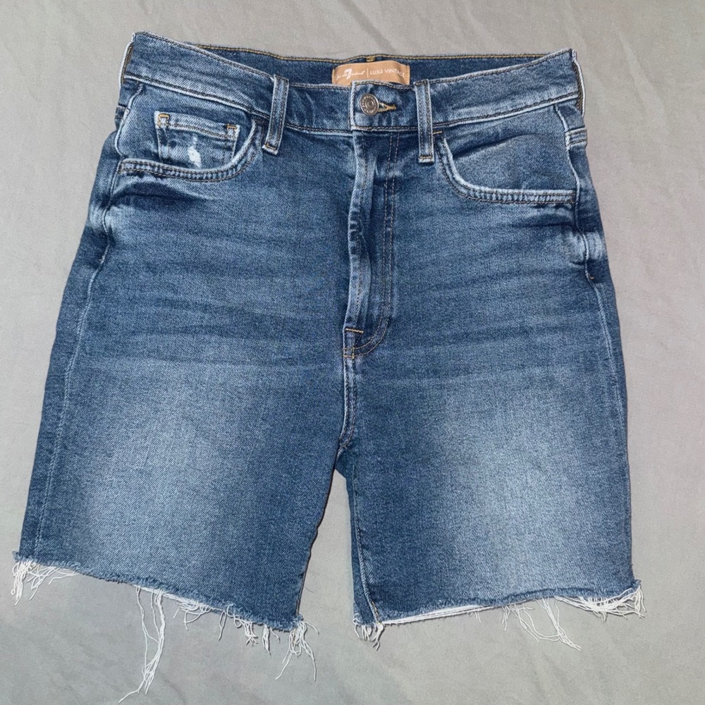 7 For All Mankind Luxe Vintage Bike Short Denim Cut Off Indigo Blue Size 28